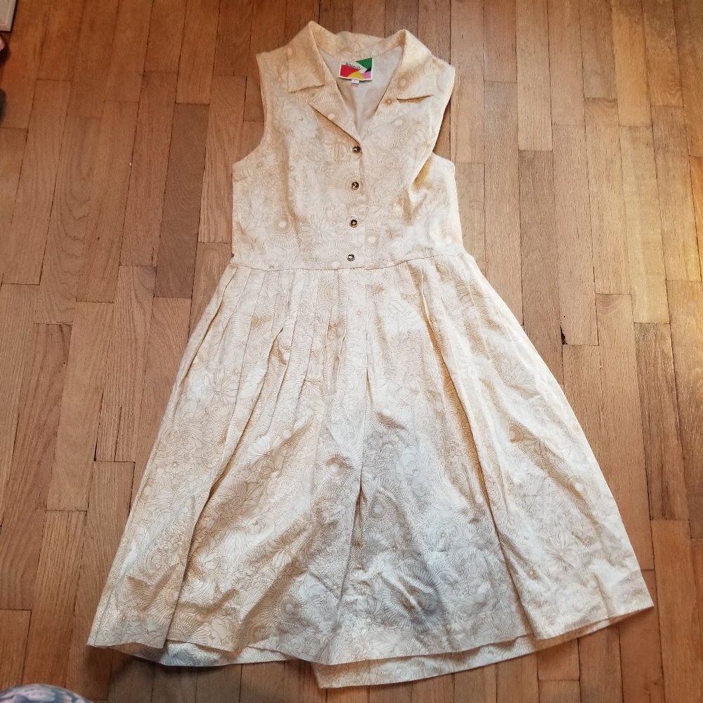 Modcloth Fervour Floral Collar A line Pleat Midi Dress Women's Size Large Cream